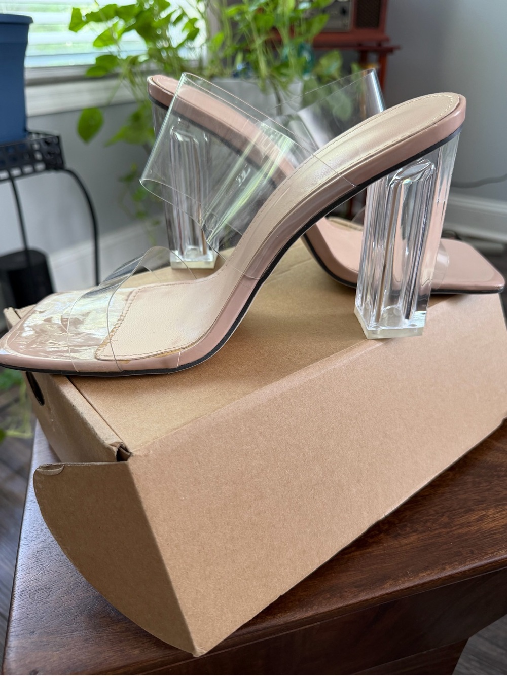 Fashion Nova Clear Strap Nude Block Heels